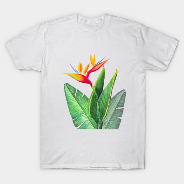 Tropical strelitzia Bird of Paradise flower  watercolor illustration T-Shirt by Wolshebnaja